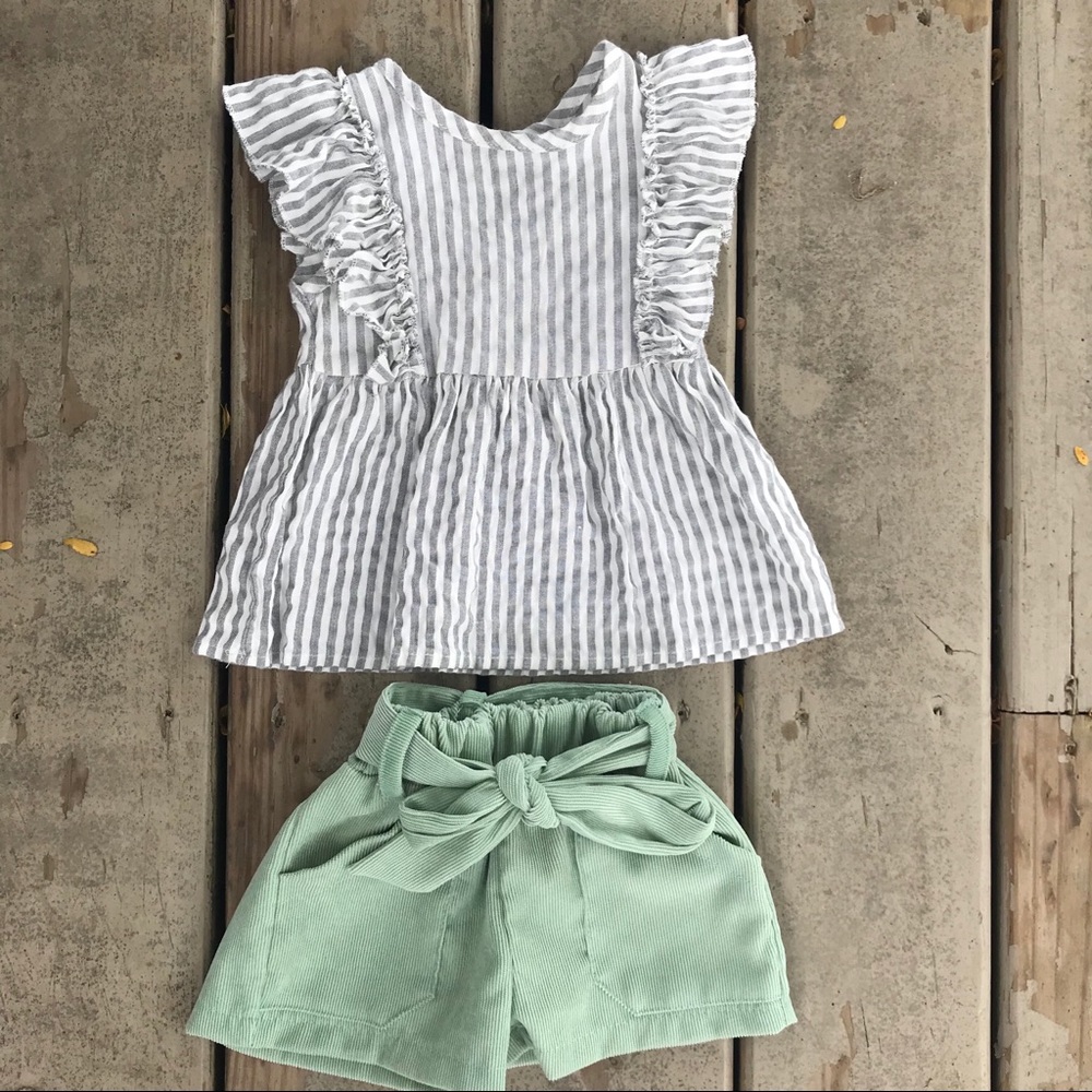 Mint Corduroy Shorts with Striped Shirt